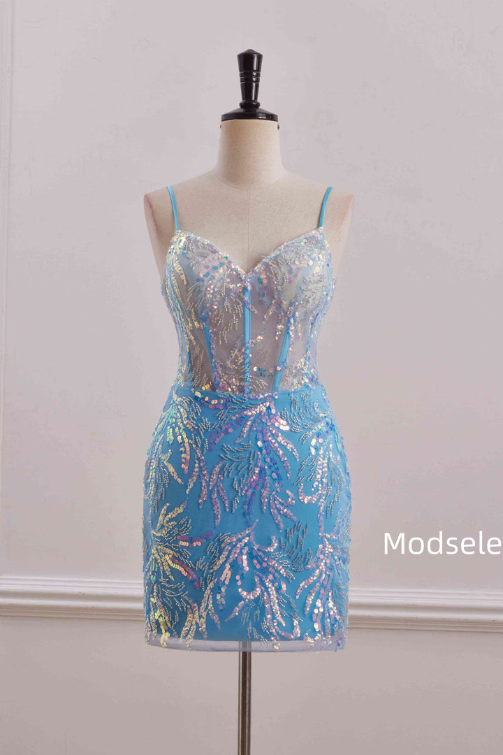 Spaghetti Straps Blue Sweetheart Sequins Appliques Tight Homecoming Dress