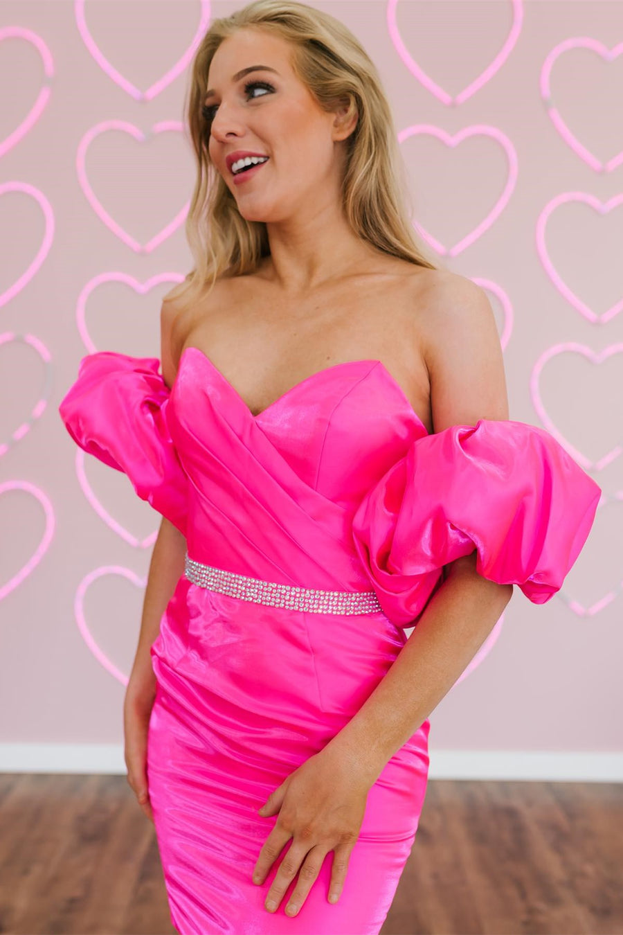 Hot Pink Strapless Short Cocktail Dress with Detachable Sleeves