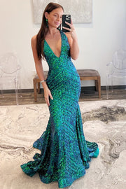 Plunge V Royal Blue Sequins Mermaid Long Evening Dress