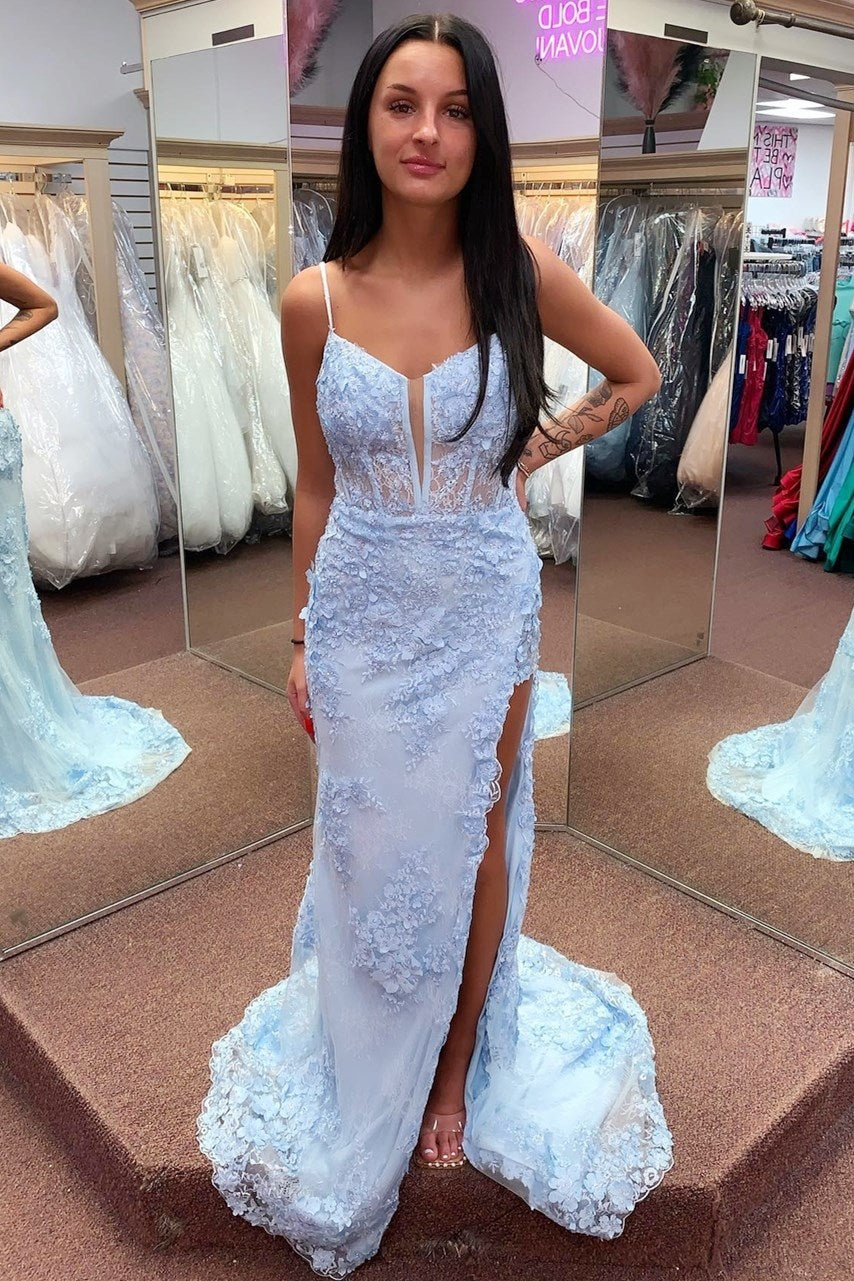 Pink Floral Lace Split Neck Mermaid Long Prom Dress with Slit