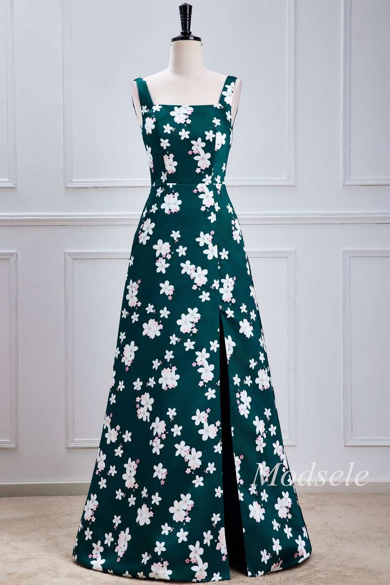 Emerald Print Square Neck Maxi Dress with Slit Modsele Emerald Print Square Neck Maxi Dress with Slit Modsele