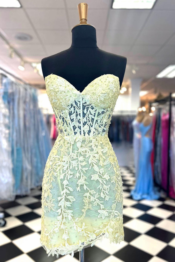 Aqua Blue Appliques Sheer Corset Cocktail Dress