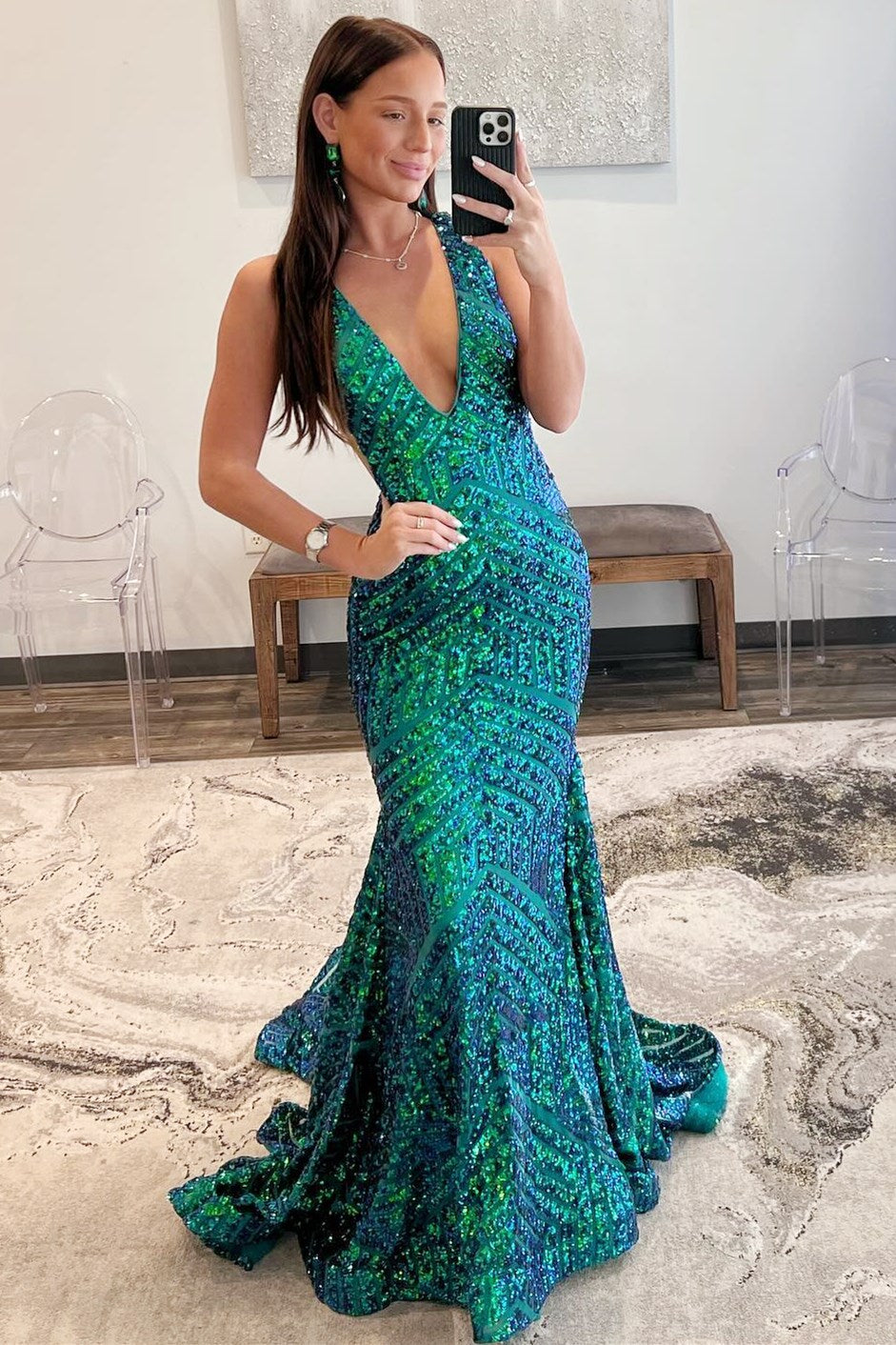 Plunging V-Neck  Sequins Sleeveless Mermaid Long Evening Prom Dress