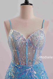 Spaghetti Straps Blue Sweetheart Sequins Appliques Tight Homecoming Dress