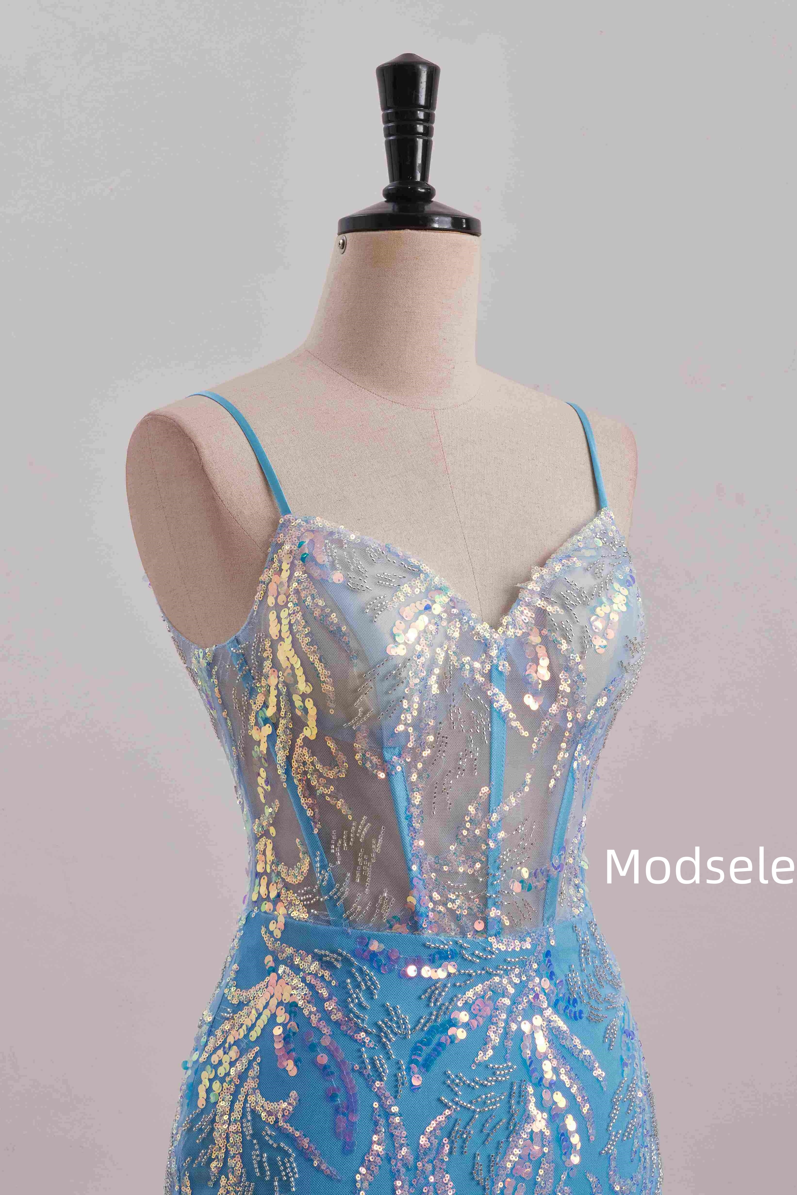 Spaghetti Straps Blue Sweetheart Sequins Appliques Tight Homecoming Dress