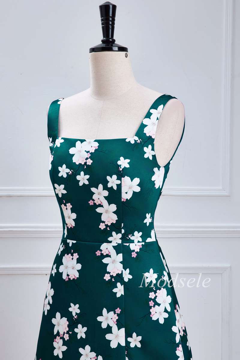 Emerald Print Square Neck Maxi Dress with Slit