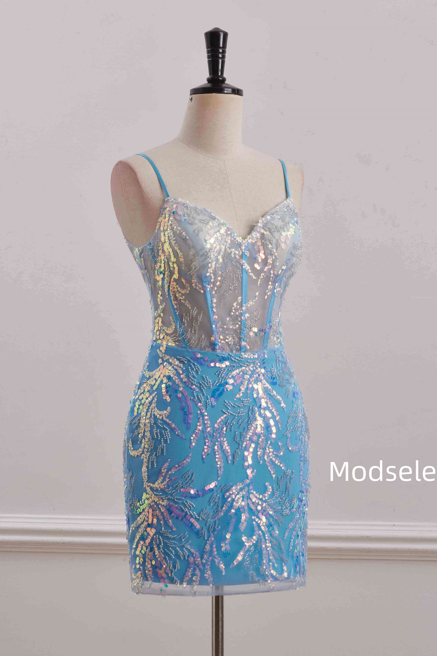 Spaghetti Straps Blue Sweetheart Sequins Appliques Tight Homecoming Dress