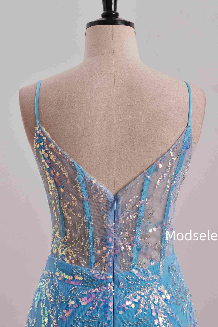 Spaghetti Straps Blue Sweetheart Sequins Appliques Tight Homecoming Dress