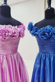 Fuchsia Off the Shoulder A-Line Prom Dress with  3D Floral