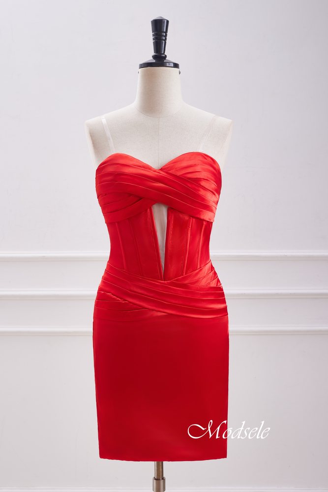 Red Strapless Keyhole Satin Bodycon Homecoming Dress