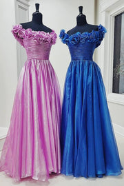 Fuchsia Off the Shoulder A-Line Prom Dress with  3D Floral
