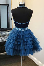 Blue Halter Multi-Layered Tulle Homecoming Dress