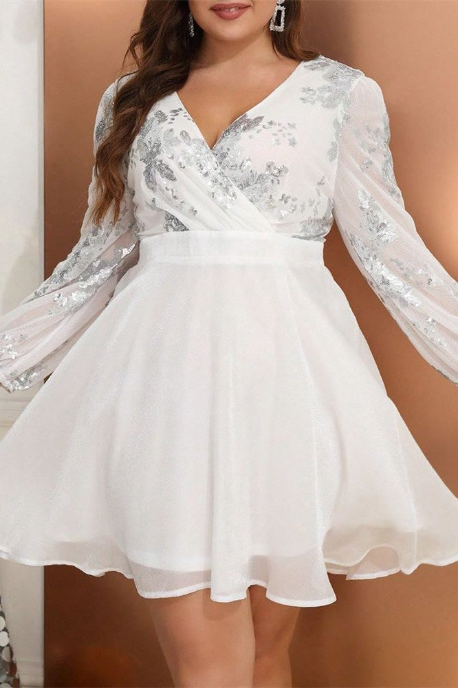 Plus Size White Surplice A-Line Mini Dress with Glitter Lace
