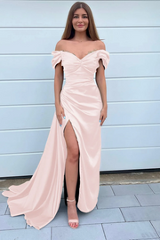 Off-Shoulder Pleated Side Slit Satin Long Prom Formal Gown