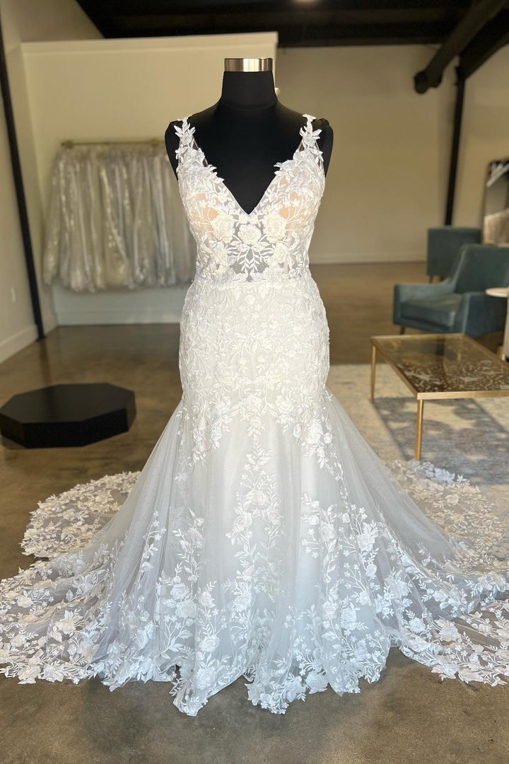 White Plunging V Neck Appliques Mermaid Sweeping Wedding Dress