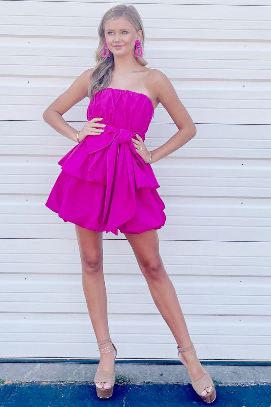 Magenta Strapless Bow-Front Short Party Dress