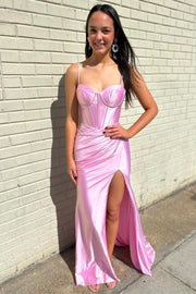 Pink Corset Spaghetti Strap Mermaid Long Formal Dress with Slit
