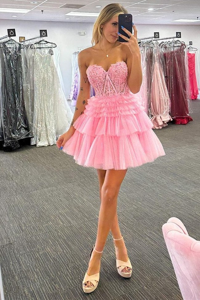 Sweetheart Pink Lace Corset Tiered Short Homecoming Dress