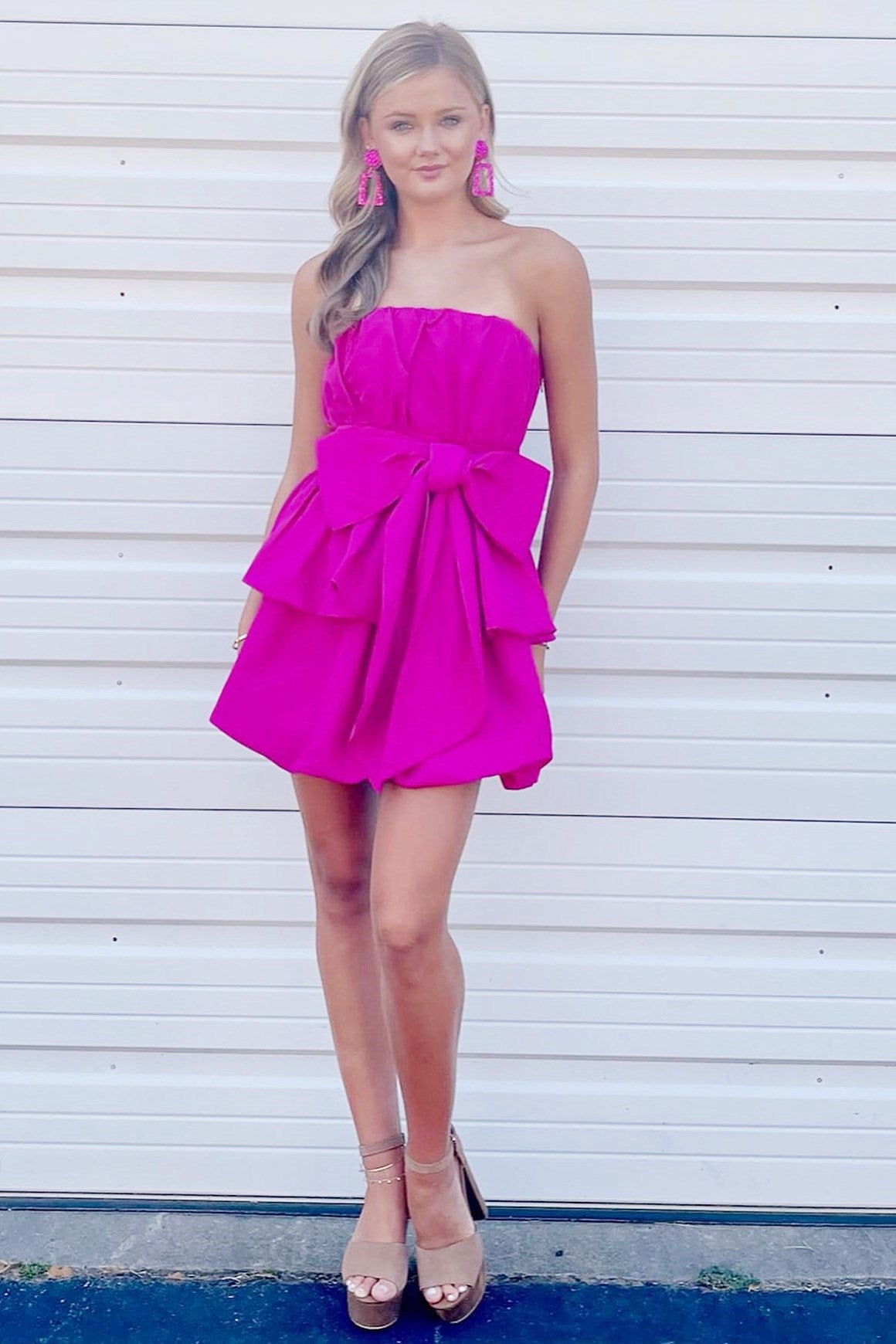 Magenta Strapless Bow-Front Short Party Dress