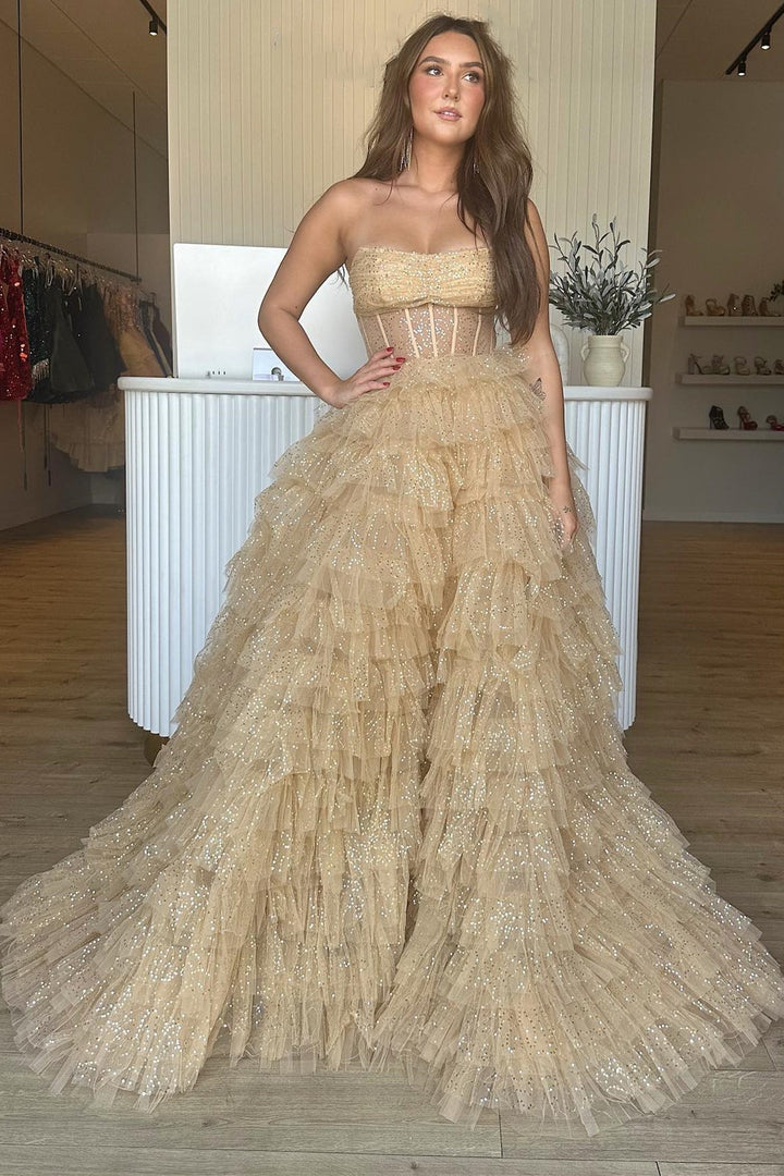 Pink Strapless Tulle Sequin A-Line Prom Gown