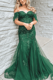 Off-Shoulder Green Lace Appliques Mermaid Long Prom Formal Dress with Feathers