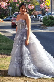 Princess Periwinkle Strapless Tiered Prom Gown