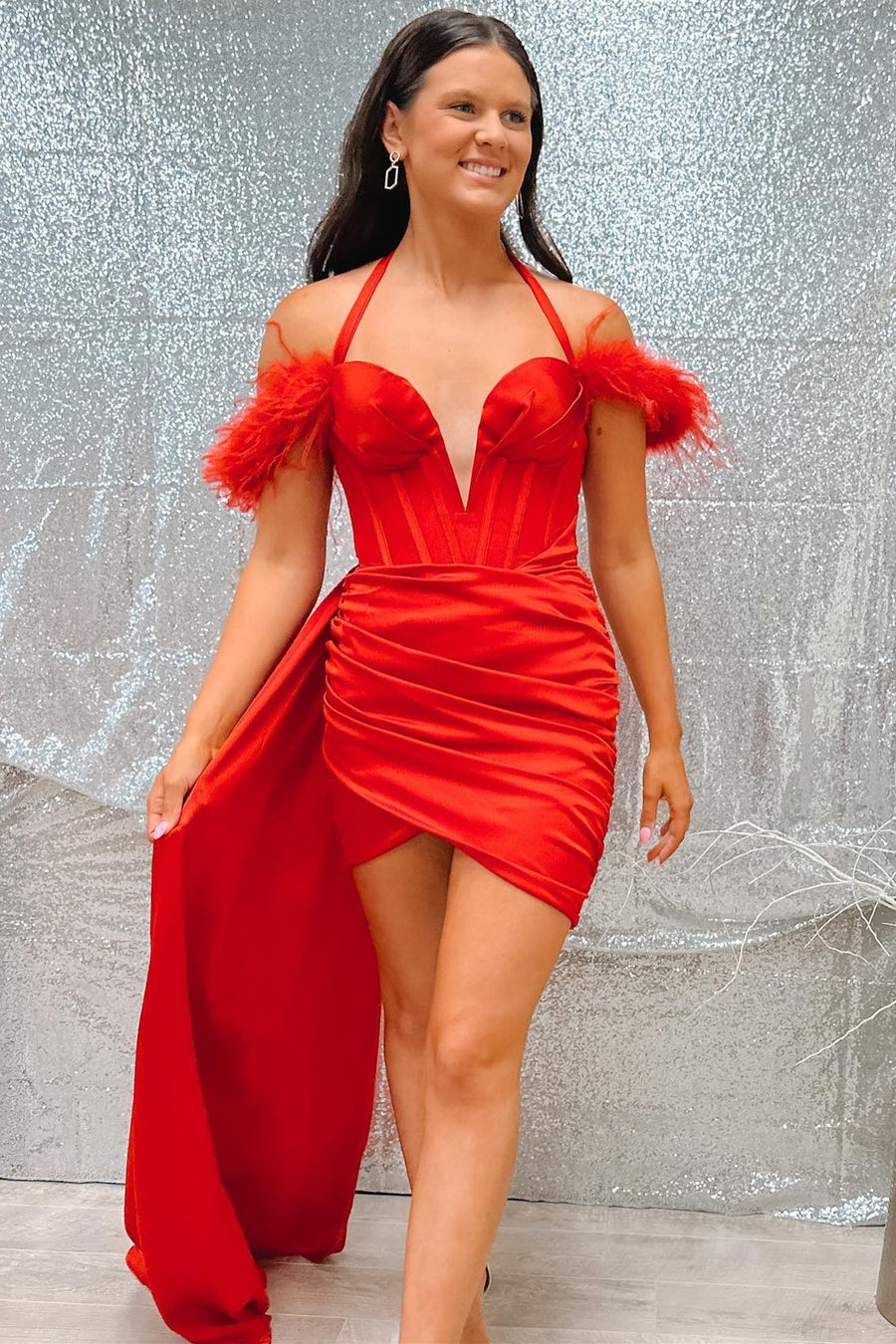 Red Halter Ruching Homecoming Dress with Attached Train