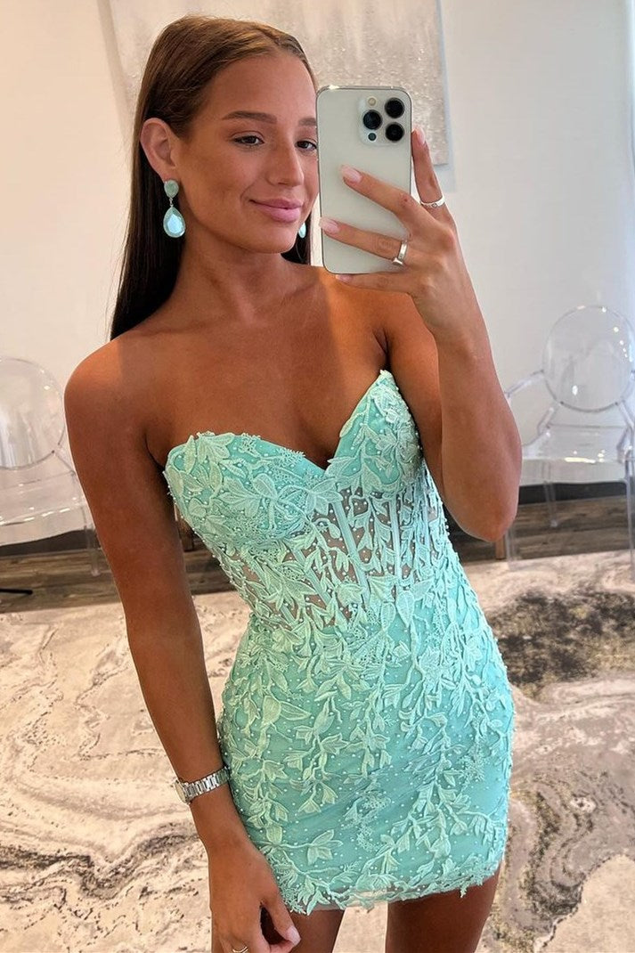 Aqua Blue Appliques Sheer Corset Cocktail Dress