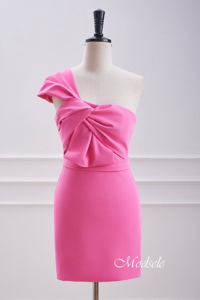 One Shoulder Twist Knot Hot Pink Tight Homecoming Dress – Modsele