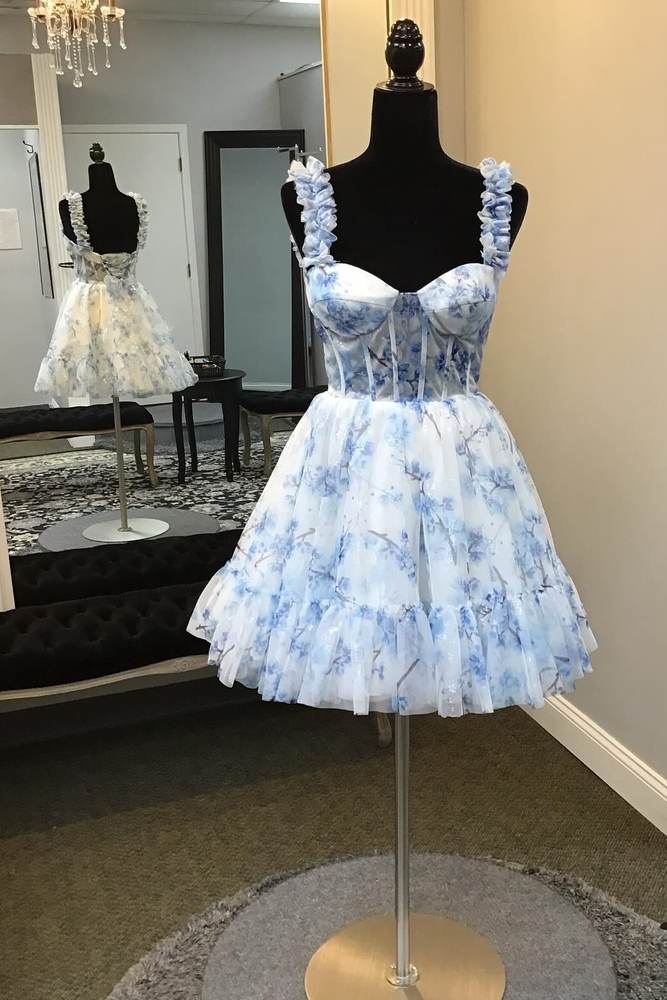 Straps Blue Floral Print Tulle A-Line Homecoming Dress – Modsele Straps Blue Floral Print Tulle A-Line Homecoming Dress – Modsele