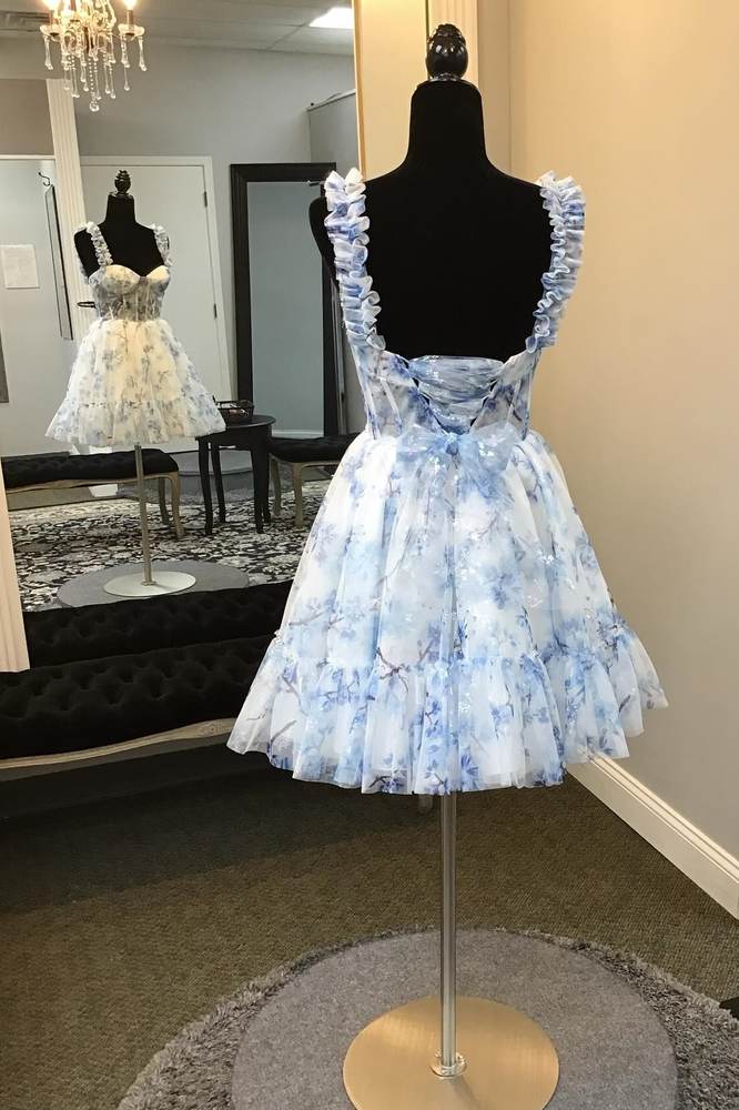 Straps Blue Floral Print Tulle A-Line Homecoming Dress