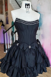 Strapless Black A-line Short Homecoming Dress with Bow