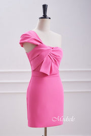 One Shoulder Twist Knot Hot Pink Tight Homecoming Dress
