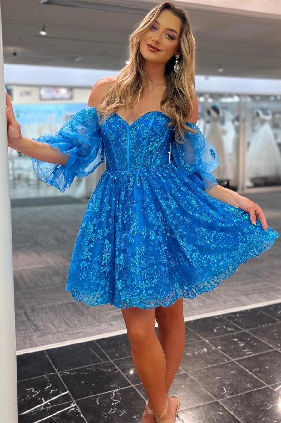 Blue Lace Sweetheart A-Line Homecoming Dress with Balloon Sleeves