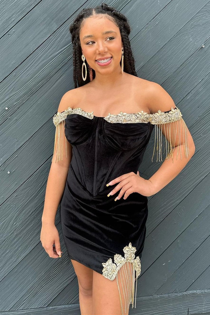 Royal Blue Velvet Off-the-Shoulder Cocktail Dress with Tassel