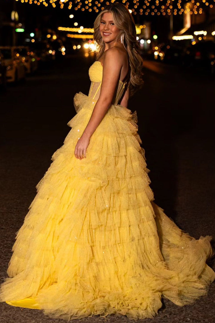 Pink Strapless Tulle Sequin A-Line Prom Gown