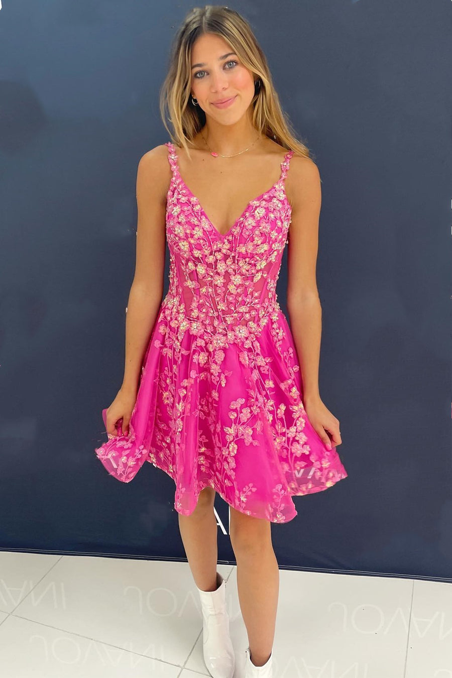 Fuchsia Floral Lace V-Neck Backless Short Gown