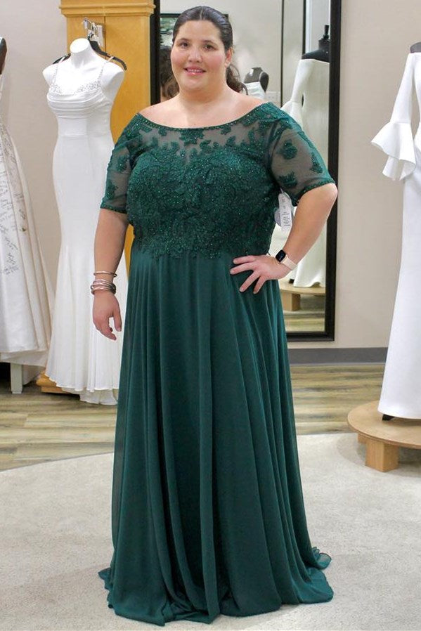 Hunter Green Chiffon Round-Neck A-Line Mother of the Bride Dress