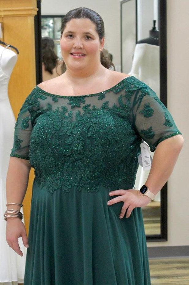 Hunter Green Chiffon Round-Neck A-Line Mother of the Bride Dress