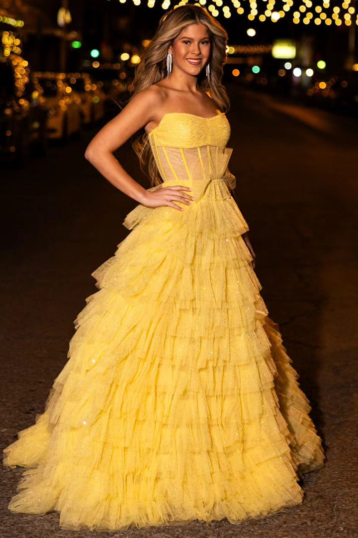 Pink Strapless Tulle Sequin A-Line Prom Gown
