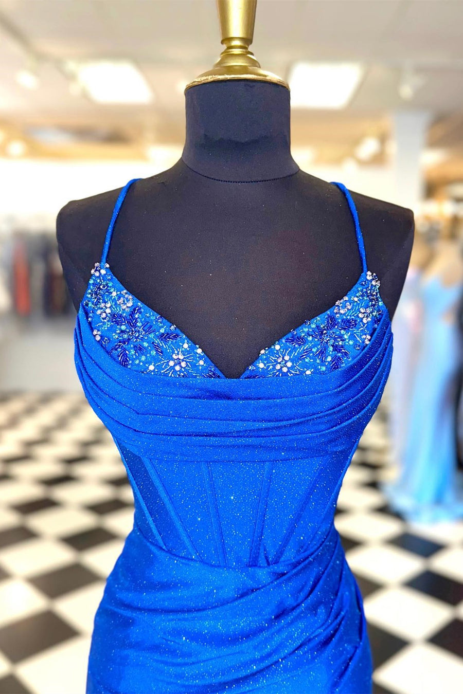 Blue Beaded Cowl Neck Lace-Up Short Cocktail Dress Modsele Blue Beaded Cowl Neck Lace-Up Short Cocktail Dress Modsele