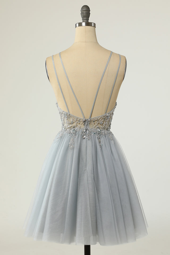 Yellow Tulle Plunge V A-Line Beaded Short Cocktail Dress