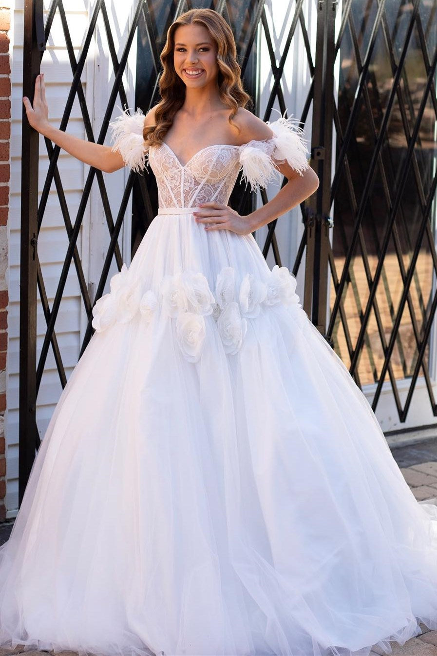 Lace Feather Off-the-Shoulder A-Line Long Prom Dress with 3D Floral Lace