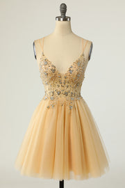 Yellow Tulle Plunge V A-Line Beaded Short Cocktail Dress