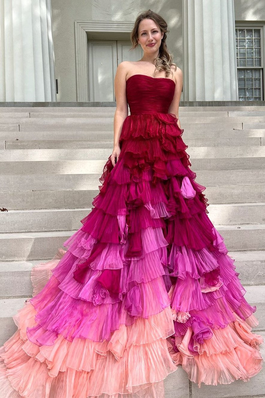 Magenta Ombre Strapless Ruffle Tiered Long Prom Dress