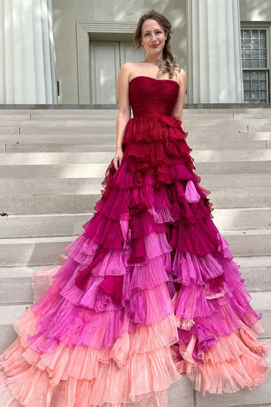 Magenta Ombre Strapless Ruffle Tiered Long Prom Dress – Modsele