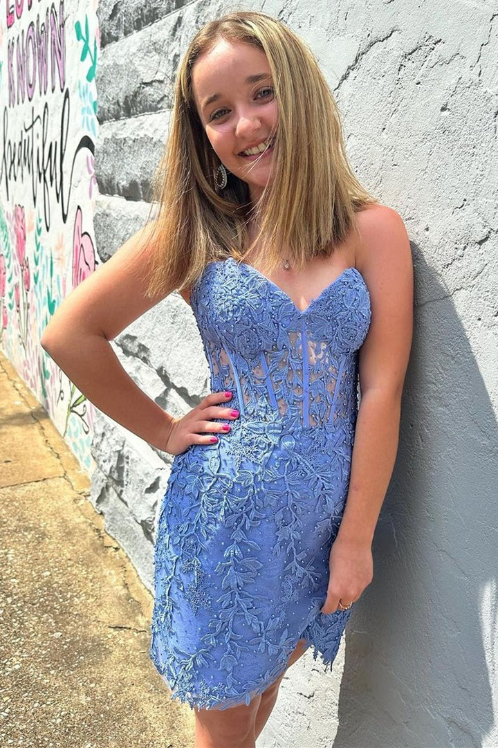 Aqua Blue Appliques Sheer Corset Cocktail Dress