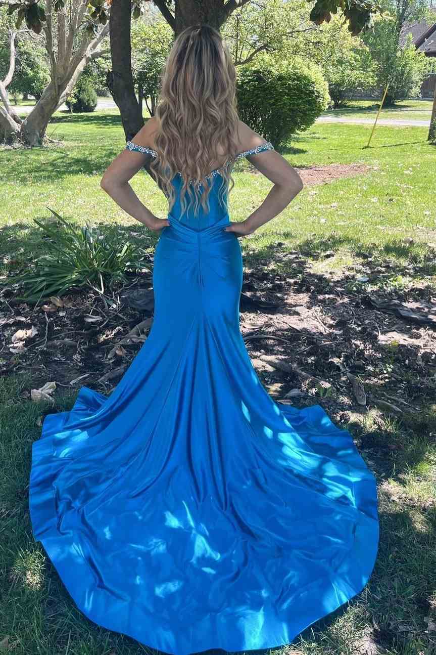 Off-Shoulder Beads Scoop Mermaid Long Formal Prom Dress with Train