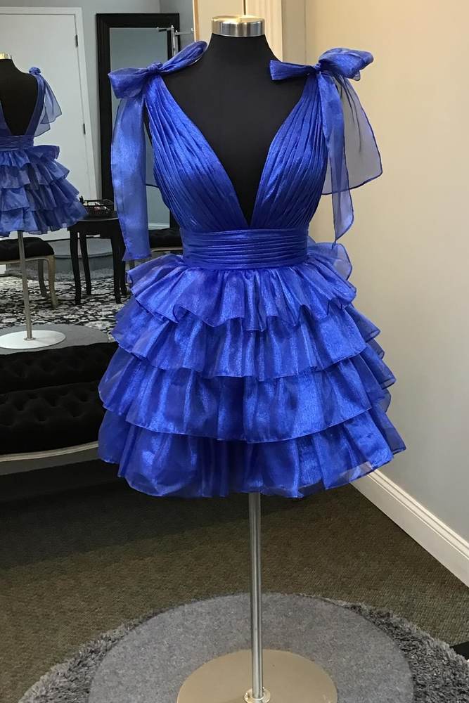 A-Line Sleeveless Deep V-Neck Ruffle Short Homecoming Dress with Bow Modsele A-Line Sleeveless Deep V-Neck Ruffle Short Homecoming Dress with Bow Modsele