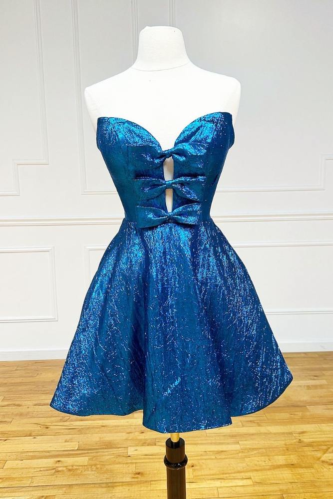 Strapless Blue A-line Short Homecoming Dress with Bow